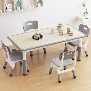 Kids Table and 4 Chairs Set, Height Adjustable Toddler Table and Chair Set, Graffiti Desktop, Children Multi-Activity Table for 4, Kids Study Table for Home Daycare Preschool for Ages 2-8,Gray Furniture Modern Wood