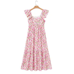 Pink Floral Print Square Neck Ruffled Strap Maxi Dress