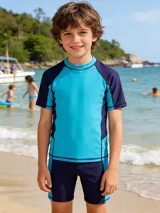 Fashion Nylon High-Quality Boys' Two-Piece Swimsuit Set, Pure Color Stretchy Beachwear, Ideal for Hot Springs and Seaside