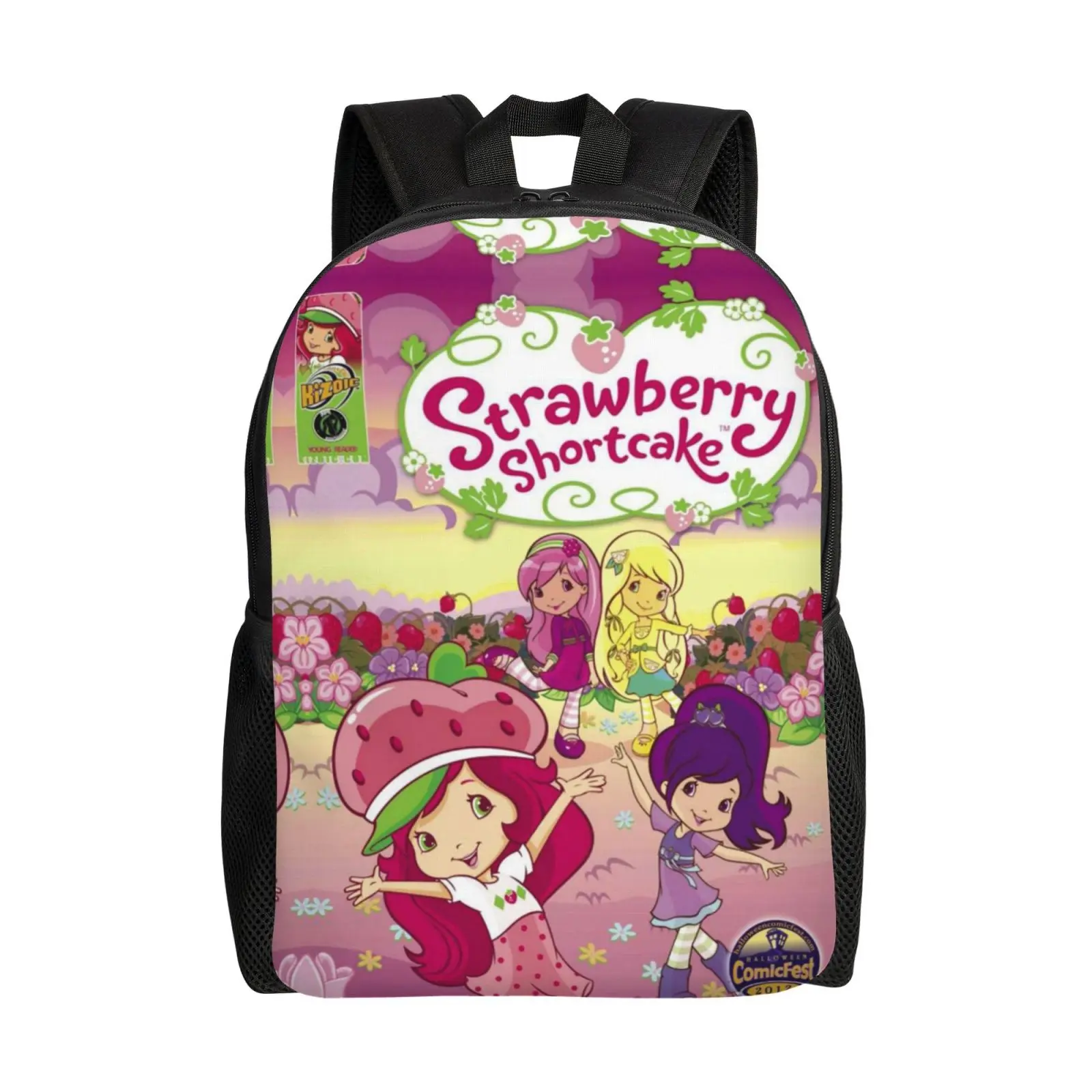 Aesthetic Backpack for Girls, 17 Inch Strawberry Shortcake Graphic Print for School & Campus Life, Lightweight with Padded Straps, Cute, Golden, No Wheels