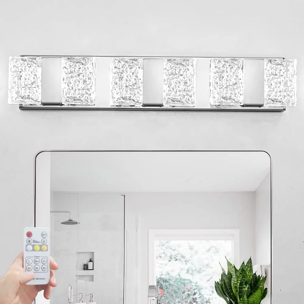 Modern 6-Lights Bathroom Vanity Lighting, Chrome Crystal LED Bathroom Light Fuxtures over Mirror, Art Deco Dimmable Wall Sconce, Crystal Bathroom Light, Acrylic Hardwired Wall Lamp(H4.33in, L22.64in)
