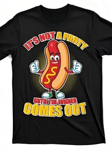 Men's Funny It's Not A Party Until The Wieners Come Out Hot Dog Graphic TShirt Black Crew Neck Breathable with Slight Stretch Regular Fit Casual & Party Wear Humorous Say Parties Beach & Sports Outdoor Clothing | All-Season Casual Wear, PLUS SIZE