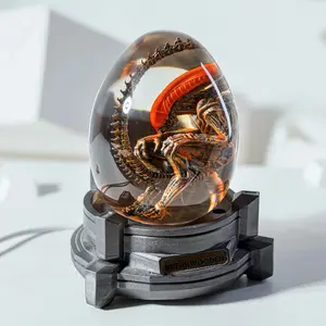 Sci-Fi Ali.en Xeno.morph Egg Figurines - Epoxy Resin Diorama Ornament Wooden Base - Desktop Decor Collectible Gift Art Sculpture