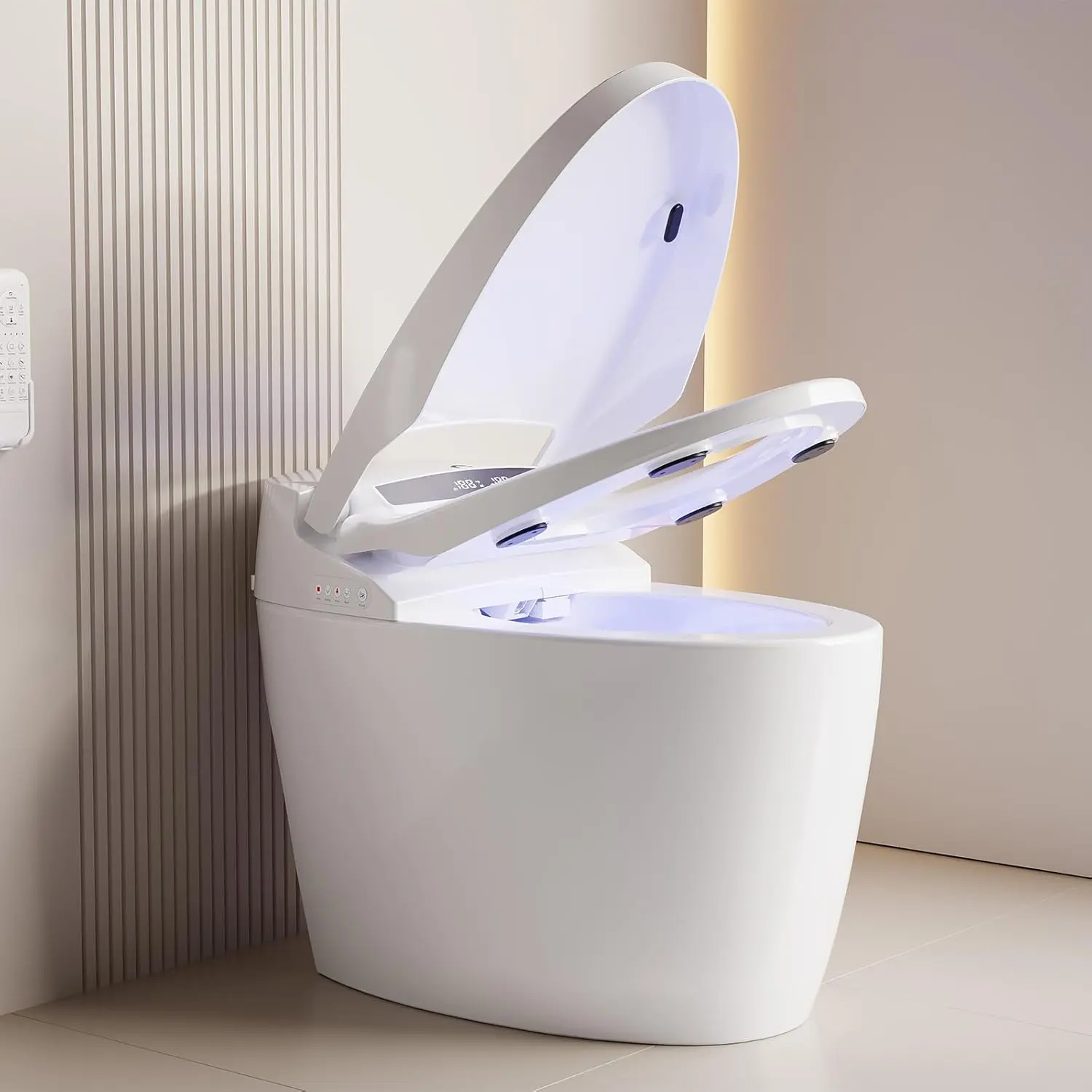 Modern Smart Toilet, One-Piece Elongated with Built-in Bidet, Heated Seat, Foot Sensor Flushing, Warm Air Dryer, Remote Control for Lid Open/Close