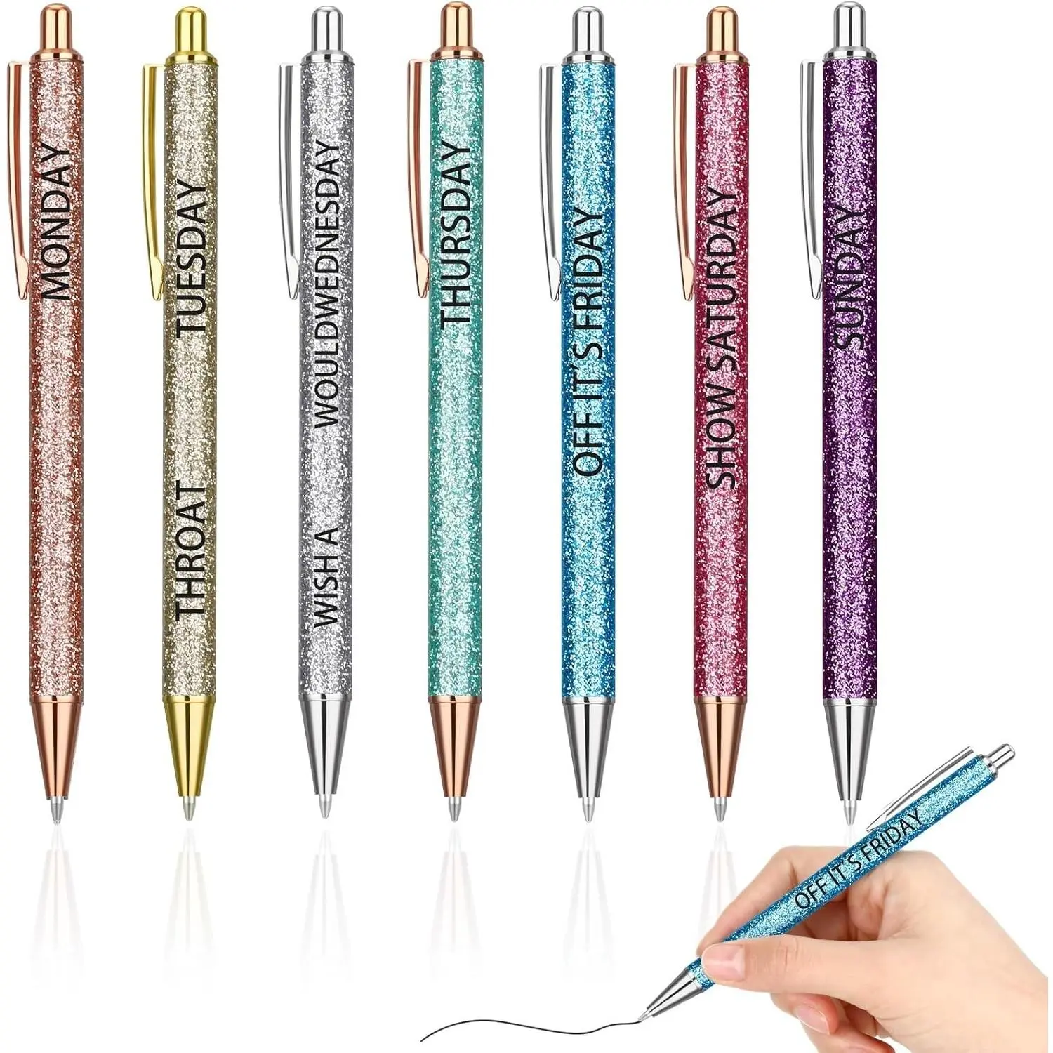 7 count Swear  Daily Pen Set Metal Ballpoint 1 mm Black Ink Cuss  Pens Weekday Vibes Comfortable Writing Ballpoint Days of the Week for Adults Each Day of the Week(Glitter)