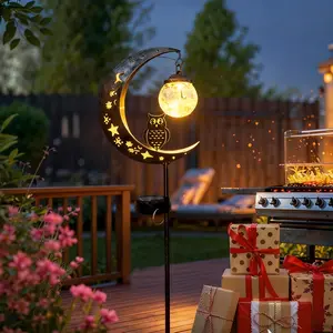1Pcs Solar Ground Stake Light, Hollow Iron Owl Moon Design, Includes Broken Glass Ball, Outdoor Garden Yard Pathway Decoration, Garden Decorative Lighting, Decorative Solar Lights, Waterproof Garden Light