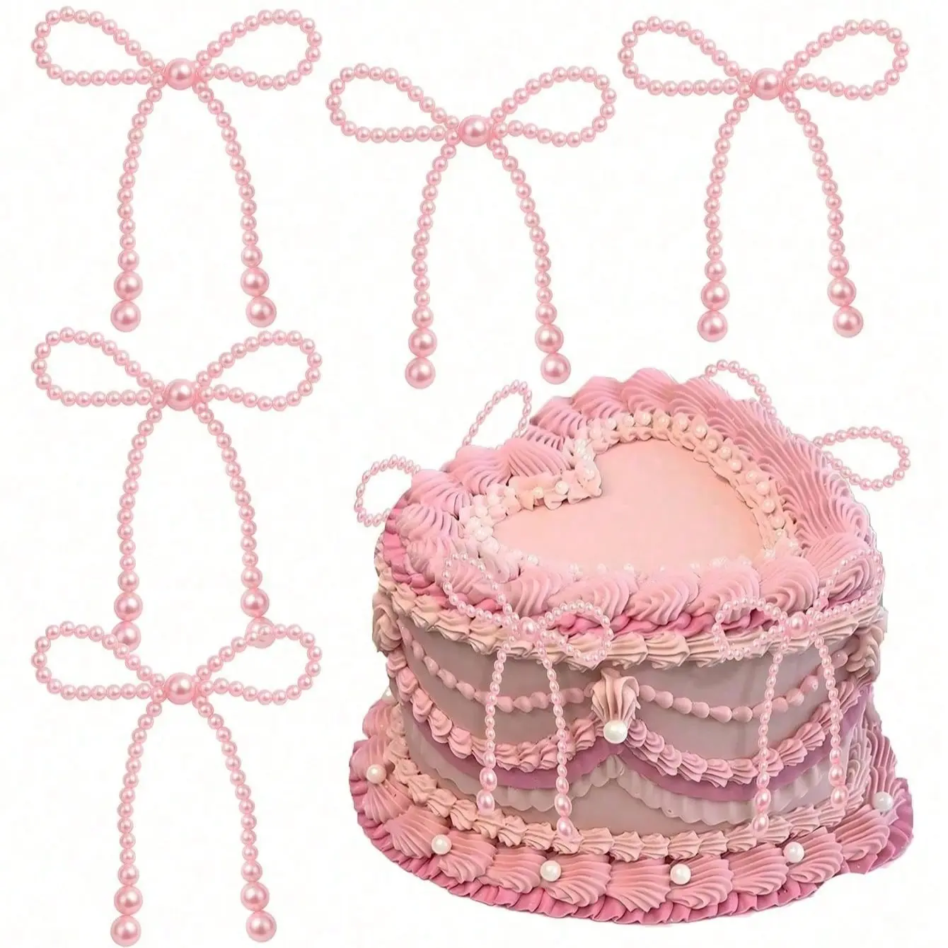 Pearl Bow Cake Decoration Set, Romantic Party Supplies, Flower Wreath Beads, Rose Bouquet Accessories, Wedding Birthday Valentine's Day, Wedding Cake Topper, Decorations Supplies, Cake Decorating Supplies