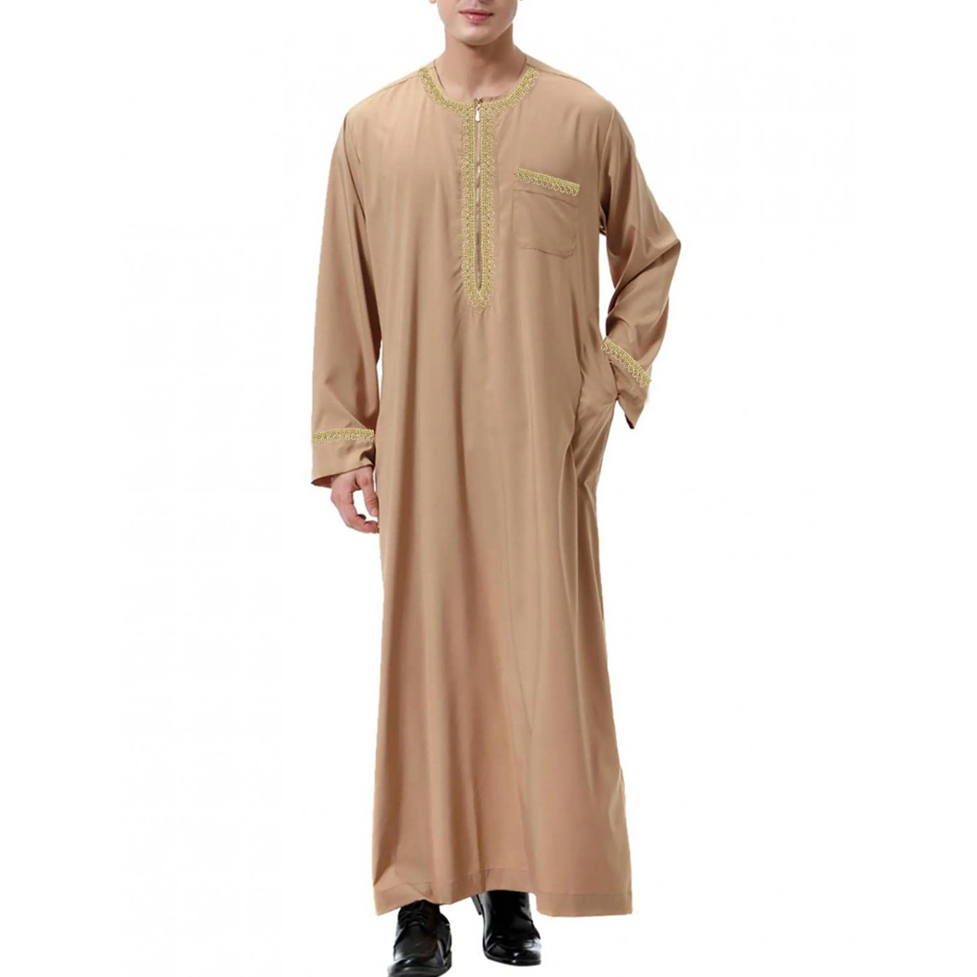 Men'S Vintage-Inspired Beige Arabian Kaftan with Golden Embroidery - Long Sleeve, Round Neck, Polyester, Non-Stretch Fabric, Perfect for Casual or Formal Occasions, Formal Attire|Vintage Kaftan|Polyester Fabric