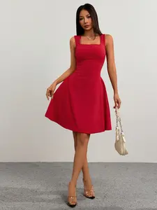 2026 Spring Summer New European Women's Fashion Solid Color Square Neck Sleeveless Waist Cinched A-Line Dress, Elegant, Chic and Stylish Design
