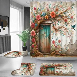 1/4 piece Secret Realm Gate flower and Tree Pattern shower curtain set, waterproof shower curtain with 12 hooks, non-slip bathroom carpet, toilet U-shaped cushion, toilet seat cover cushion, bathroom shower curtain set, perfect moving gift.