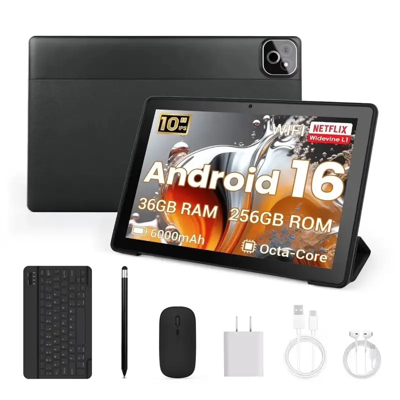 10 Inch Android 16 Tablet with Keyboard Case, Mouse, Stylus, 34GB+128GB Storage (Up to 36GB+256GB), 1TB Expandable, 6000mAh Battery, Octa-Core Processor, 1280x800 HD IPS Screen, 5G WiFi, Bluetooth, Dual Lens Camera, USB Port, Game-Ready