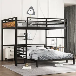 Queen over Queen Metal Bunk Bed/Metal Loft Bed and Metal Platform Beds,with raised security fence,Vintage Wood-colored