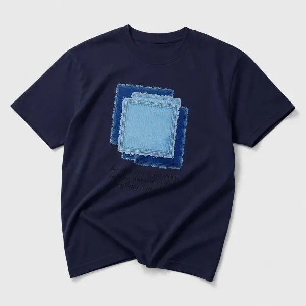 CARPESUN, Vintage Denim Patchwork Style, Short Sleeve T-Shirt, Blue Square Denim Print With Inspirational Quote, Soft Cotton Fabric With Distressed Edge Detail, Unisex Casual Daily Wear, Single Piece Pack