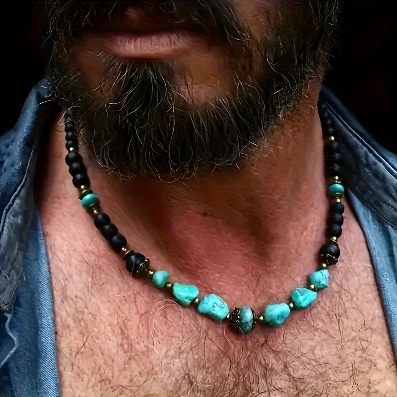 Men's Retro Surfpunk Green Turquoise Bead Chain Necklace - Synthetic Turquoise Beads with Black Highlights, Alternative Classic Retro Necklace for Street Hip-Hop & Casual Outfits, Green Turquoise Necklaces, Alternative Necklaces