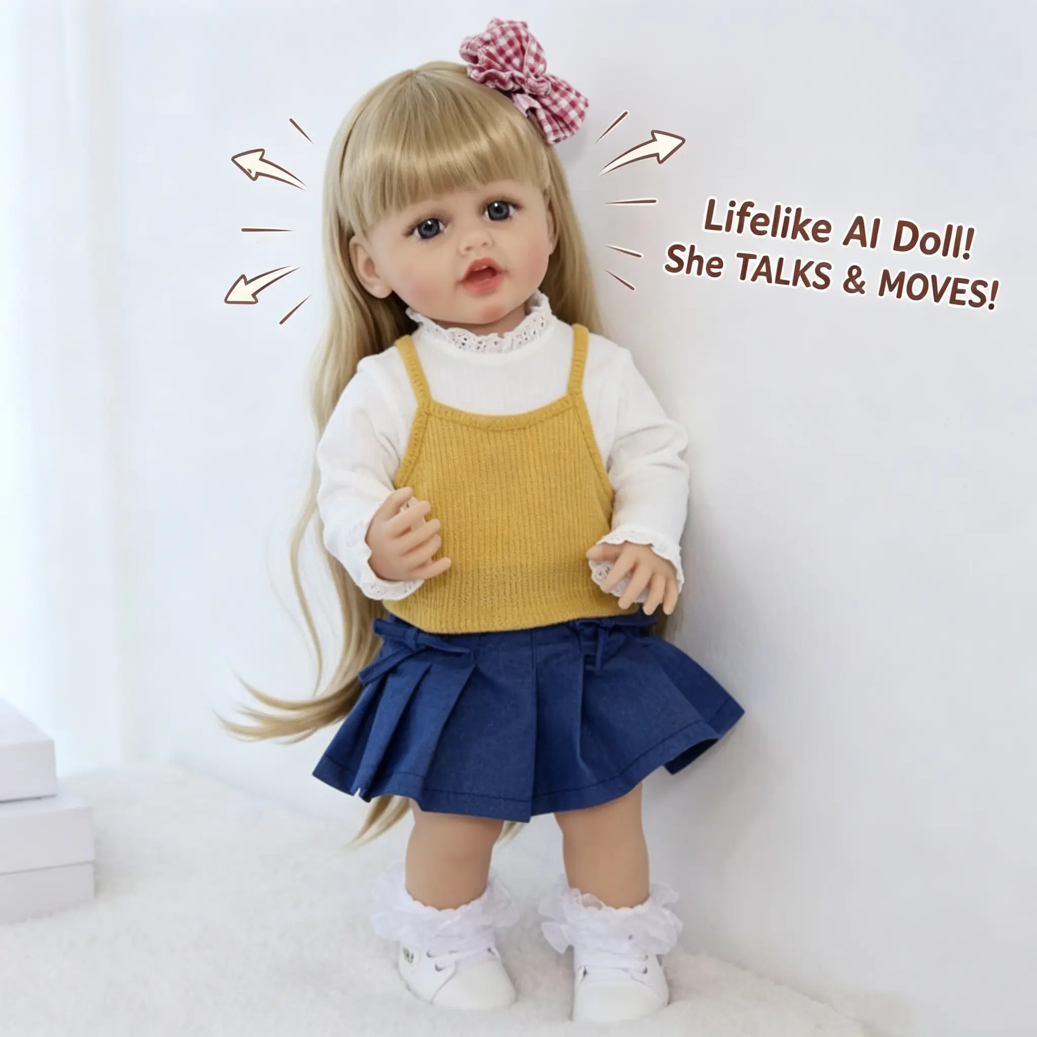 22-in Full Body Silicone Lifelike Reborn Baby Doll Alice - Tactile Play, Imaginary Play, Lifelike Look, Movable Head, Mouth Moves, 2 Golden Braids, 1 Cute Dress Set, Batteries Run, Kids’ Gift, Home/Bedtime Companion, Silicone-Safe, Realistic Soft Dolls