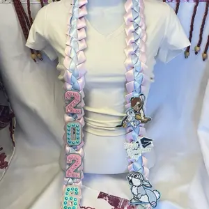 Satin Ribbon Graduation Leis Theme with Pink and Blue Colors, Includes Graduation Cap and Bunny Design