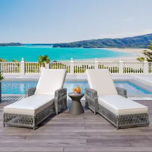 Long Reclining Chaise 2 Pieces, Outdoor Wicker Lounge with Armrests, Patio Adjustable Recliner with Soft Removable Cushions, All Weather Rattan Pool Lounge for Poolside & Garden, Beige