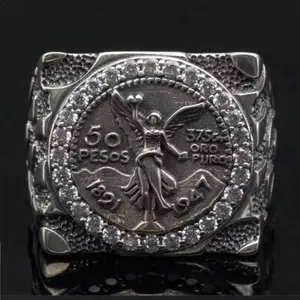 Centenario Style 925 Sterling Silver Ring with Cubic Zirconia Mexco 50 Pesos Coin Ring Statement Piece
