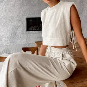 Fashion Cotton and Linen Suit Women's Clothing 2025 Summer New Padded Shoulder Sleeveless Top and Trousers Two-Piece Casual Womenswear Gamis Comfort