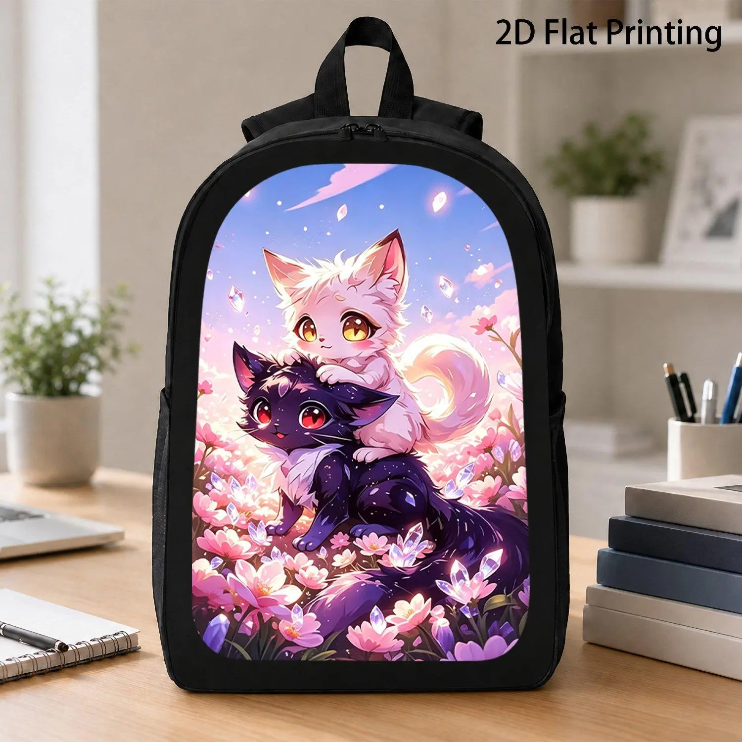 Healing Japanese Flower Sea Cute Cat Print Backpack, Suitable for Daily Commute, Outdoor Hiking, Short Trips, Storage for Personal Items, 2D Flat Printing