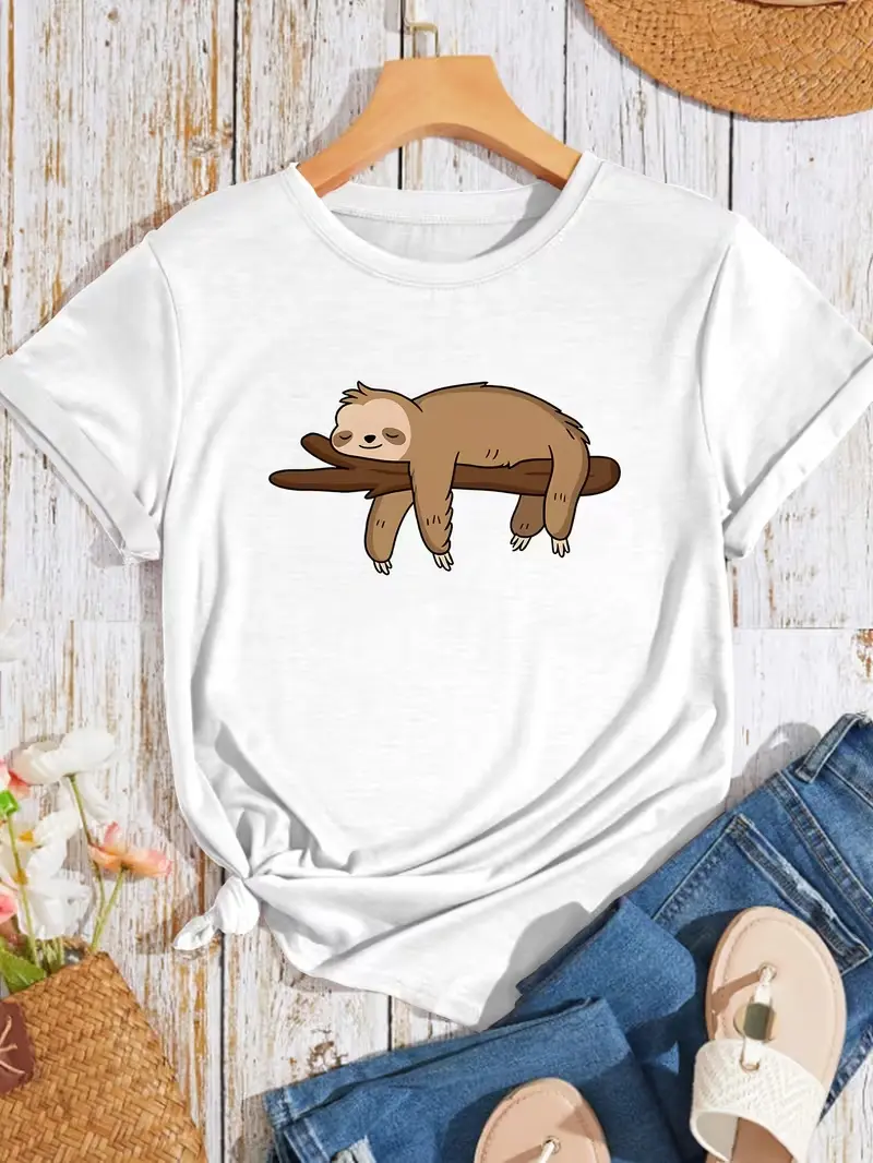 Cute Sleeping Sloth On Branch Graphic T-Shirt, Lazy Sloth Kawaii Cartoon Tee, Casual Animal Lover Women Short Sleeve Top