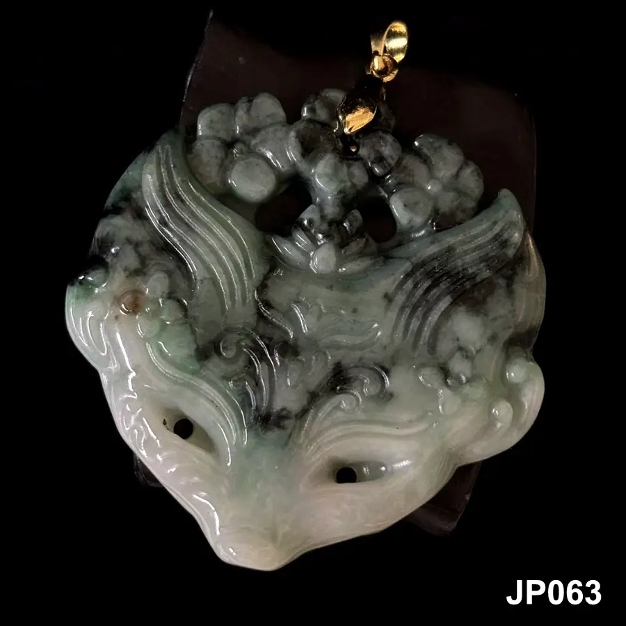 Large Natural Jade Jadeite Carved 'FOX MASK' Pendant, Free Necklace & Adjustable Cord
