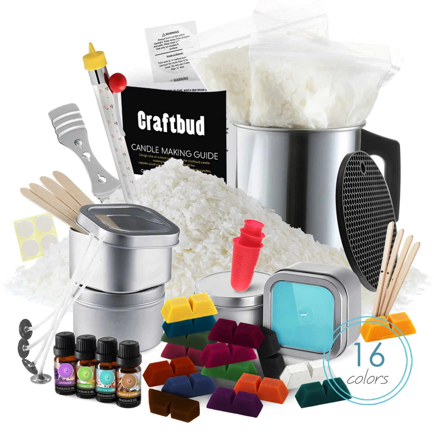CraftBud 58-Piece Candle Making Kit - Soy Wax, 16 Colors, Scented Oils, Jars & Tins | DIY Candle Making Supplies
