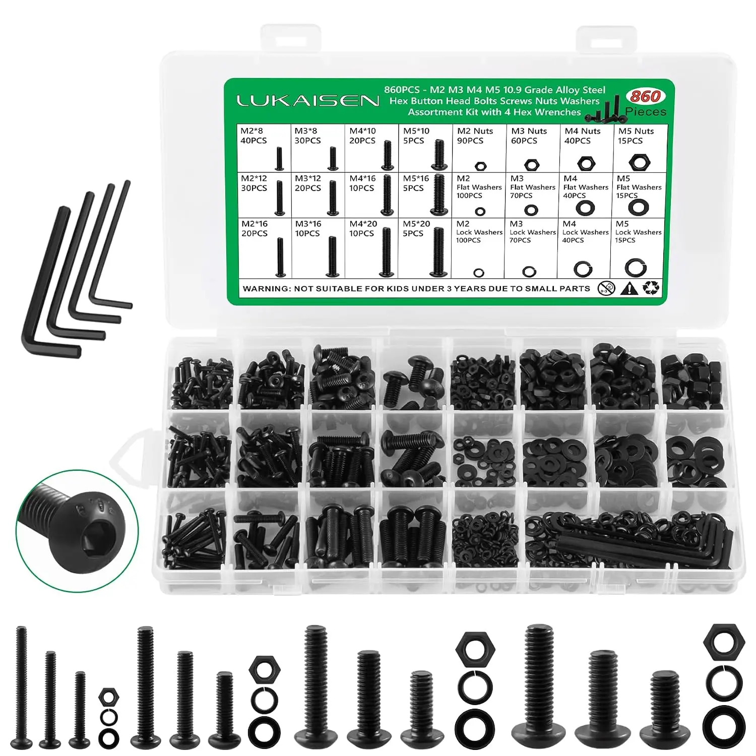 860Pcs M2-M5 Metric Screws, 10.9 Alloy Steel Hex Bolts & Nuts Kit