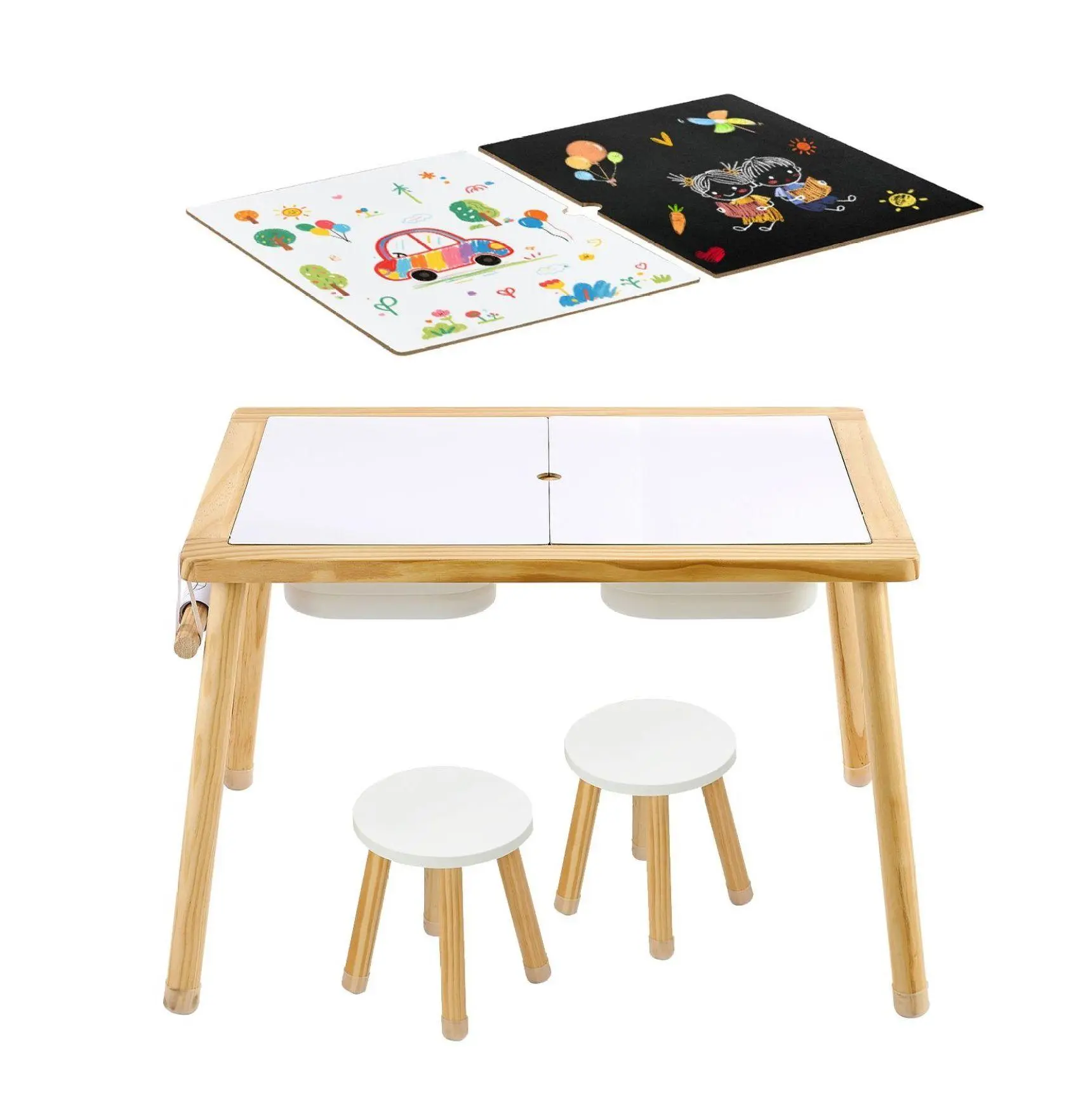 Sensory Table for Toddlers, Wooden Activity Table with Stools - Double-Sided Board, Storage Bins, Non-Slip Feet, Sand & Water Play, Drawing, Study - for Preschool Kids Default