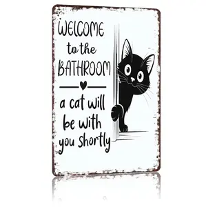Vintage Black & White Cat Wall Art - "Welcome To The Bathroom" Funny Metal Sign - Retro Bathroom Decor With Cat Design - Aluminum Signs For Restroom 8x12in