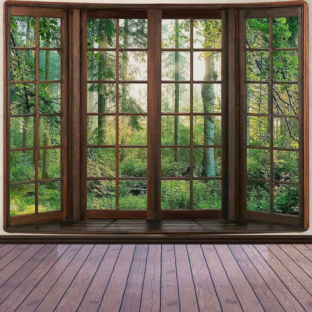 Green Forest Natural Tapestry Window Scenery Wall Aesthetic Tapestry for Bedroom Living Dinning Room College Dorm Wall Hanging