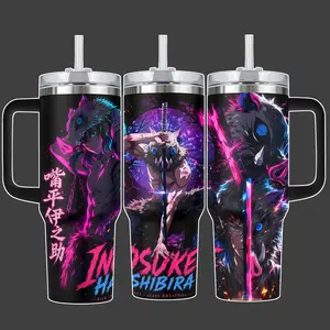 Inosuke Hashibira Beast Breathing Anime Tumbler Cup, Neon Pink Blue Boar Mask Full Wrap Stainless Steel Insulated Tumbler 20oz/40oz With Straw Lid Included, 40oz Handle Option