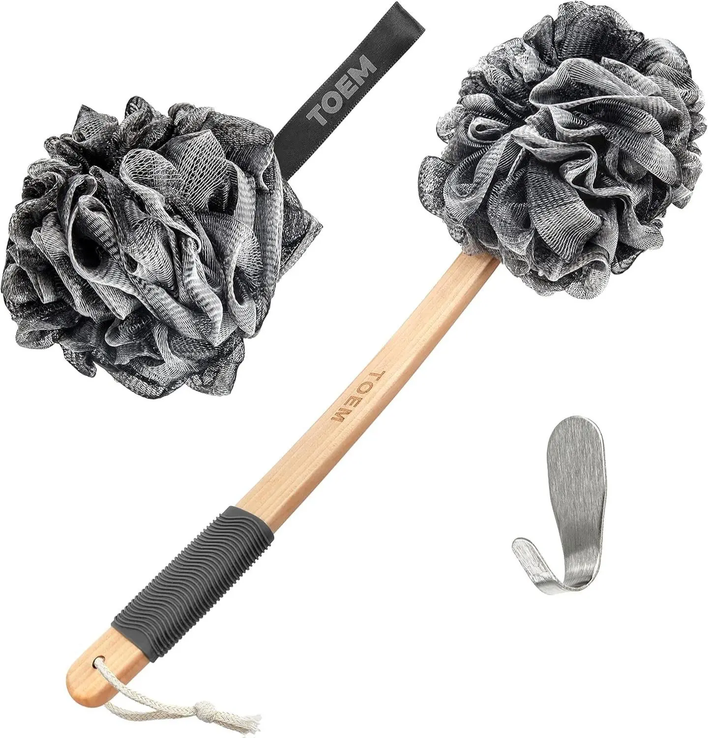 TOEM Loofah Back Scrubber Set - 17" Long Handle Charcoal Infused Loofah & Bath Pouf with Hook - Durable Gentle Exfoliation for Men Women Slate Grey