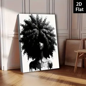 1pc Black & White Afro Woman Portrait Canvas Painting - Modern Minimalist Black & White Wall Art with Wrapped Wood Frame, 1" Thick Ready-to-Hang Poster for Living Room, Bedroom, Office Decor - African American Art Gift, 2D Flat High-Quality Wrapped C