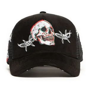 Killshot Black Snapback Hat with Skulls & Barbed Wire