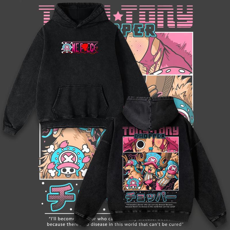 Retro Limited Tony Tony Chopper One Piece Anime Double-Sided Printed Vintage Oversized Washed Graphic Hoodie, Casual Y2K Oversize Anime Manga Acid Wash Graphic Sweatshirt, Unisex Cotton Streetwear Otaku Top Fit Sweater, Gift For Fan Anime Lover Shirt