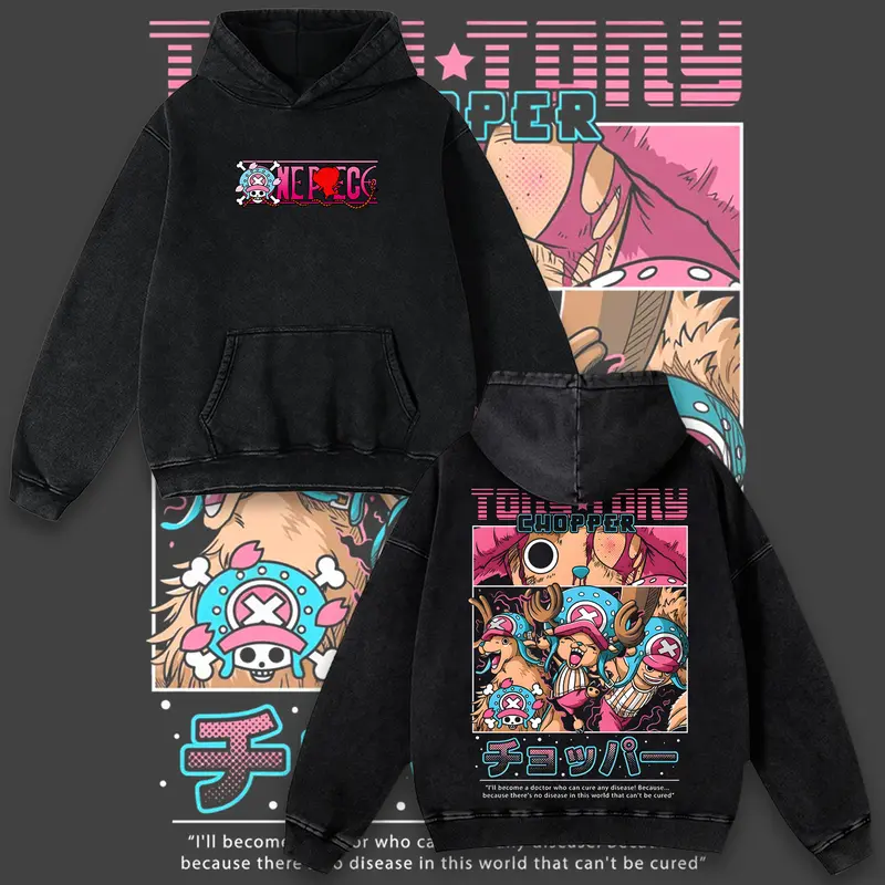 Retro Limited Tony Tony Chopper One Piece Anime Double-Sided Printed Vintage Oversized Washed Graphic Hoodie, Casual Y2K Oversize Anime Manga Acid Wash Graphic Sweatshirt, Unisex Cotton Streetwear Otaku Top Fit Sweater, Gift For Fan Anime Lover Shirt
