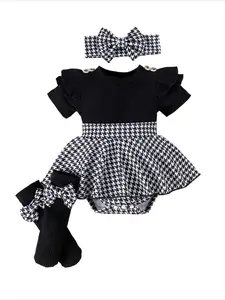 Baby Girl Romper 1-18 Months, Black and White Houndstooth One Piece Outfit with Ruffle Sleeves and Bow Headband, Cute Ribbed Bodysuit for Daily Wear, Toddler Romper