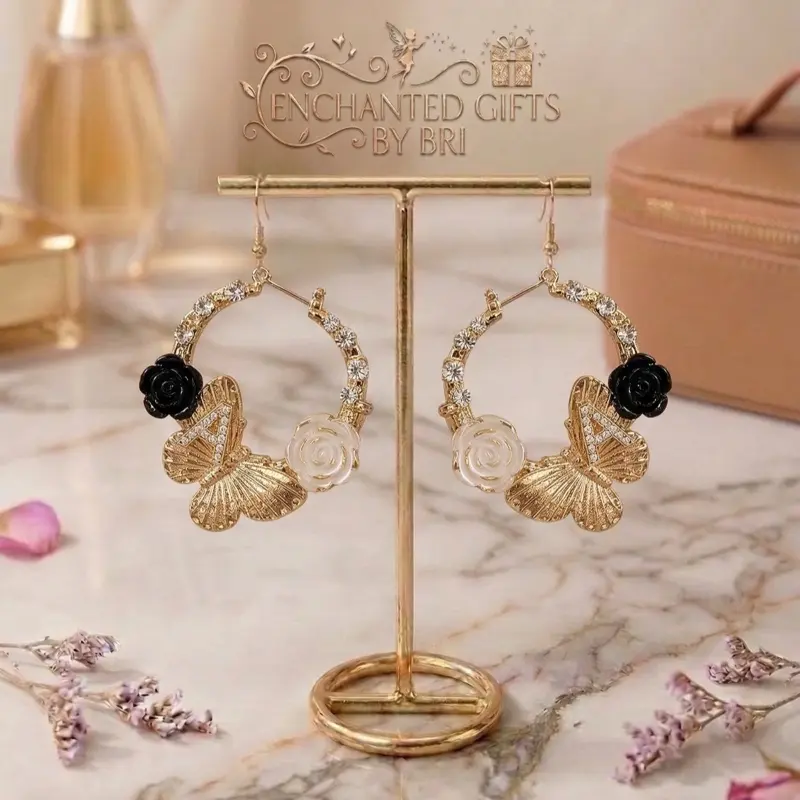 Enchanted Gifts by Bri Butterfly Junk Bamboo Earrings with Gold Hoops and Black Rose Accents for Elegant Style