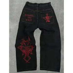 YYK brand Men's Jeans, Casual Comfy Embroidered Skull Denim Pants for Daily Wear, Fashion Men's Bottoms for Spring & Fall, Streetwear