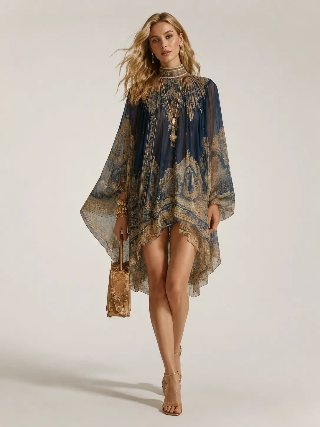 2026 Summer Women Boho Printed Chiffon Mini Dress High Neck Puff Long Sleeve Loose Flowy Sheer Tunic Cover Up Irregular Hem Vintage Embroidery Vacation Beach Resort Daily Outfits