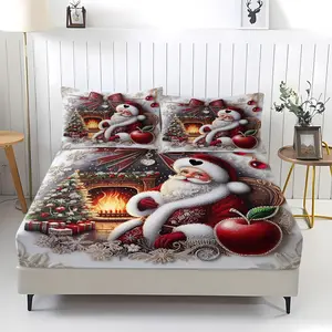 3Pcs Whimsical Santa Claus Digital Print Fitted Sheet Set, Luxurious Holiday Bedding Featuring Classic Red Suit, Cozy Fireplace & Christmas Tree Design, Perfect for Festive Bedroom Decor & Gift Giving, No Pillow Core, Bed Sheet Sets