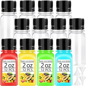 12 count 2oz Small Shot Bottles with Black Caps,Plastic Ginger Shots Containers with 4 Funnels,Clear Empty Plastic Juice Bottles for Juice, Milk and Other Beverages