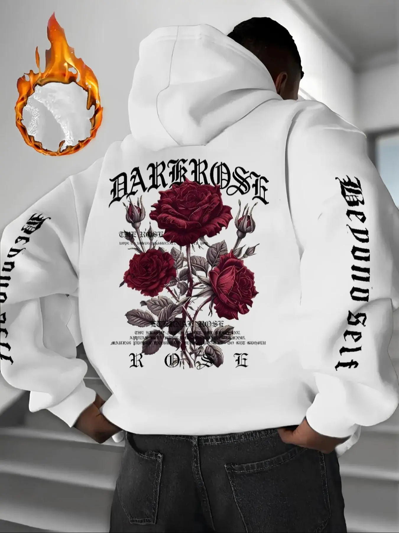Men's Fall Winter Hooded Sweatshirt Knit, Casual Warm Sweatshirt, Dark Rose Floral Print Design, Casual Loose Fit, Suitable for Shopping & Dating, Comfortable Daily Wear, Hoodie Print Hoodies, Casual Pullover Hoodies, Fashion Hoodies
