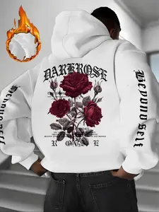 Men's Fall Winter Hooded Sweatshirt, Dark Rose Floral Print Design, Casual Loose Fit, Suitable for Shopping & Dating, Comfortable Daily Wear