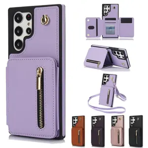 Multi-card Slot Phone Case with Lanyard, 1 Count Zipper Wallet Phone Case, Shockproof Phone Protective Cover, Protection, Phone Accessories for Smartphone Samsung Galaxy S24 Ultra S23 Ultra S22 Ultra S21 Ultra, Shockproof Protector, Casing