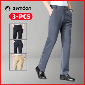 Gymoon 3 Pack Men's Slim-Fit Formal   High-Quality Thin-style Wrinkle-Resistant for Business & Formal Events Polished Black Polished Black Menswear Trouser Beige Plain Fabric Stylish tiktok shop deals Stretch Golf Pants Dress zipper closure ropa masculina