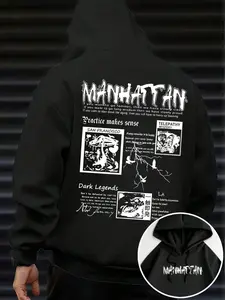 Men's Hooded Sweatshirt with Drawstring Cap, Kangaroo Pocket Casual Sportswear, Manhattan Letter Print, Fall & Winter Top