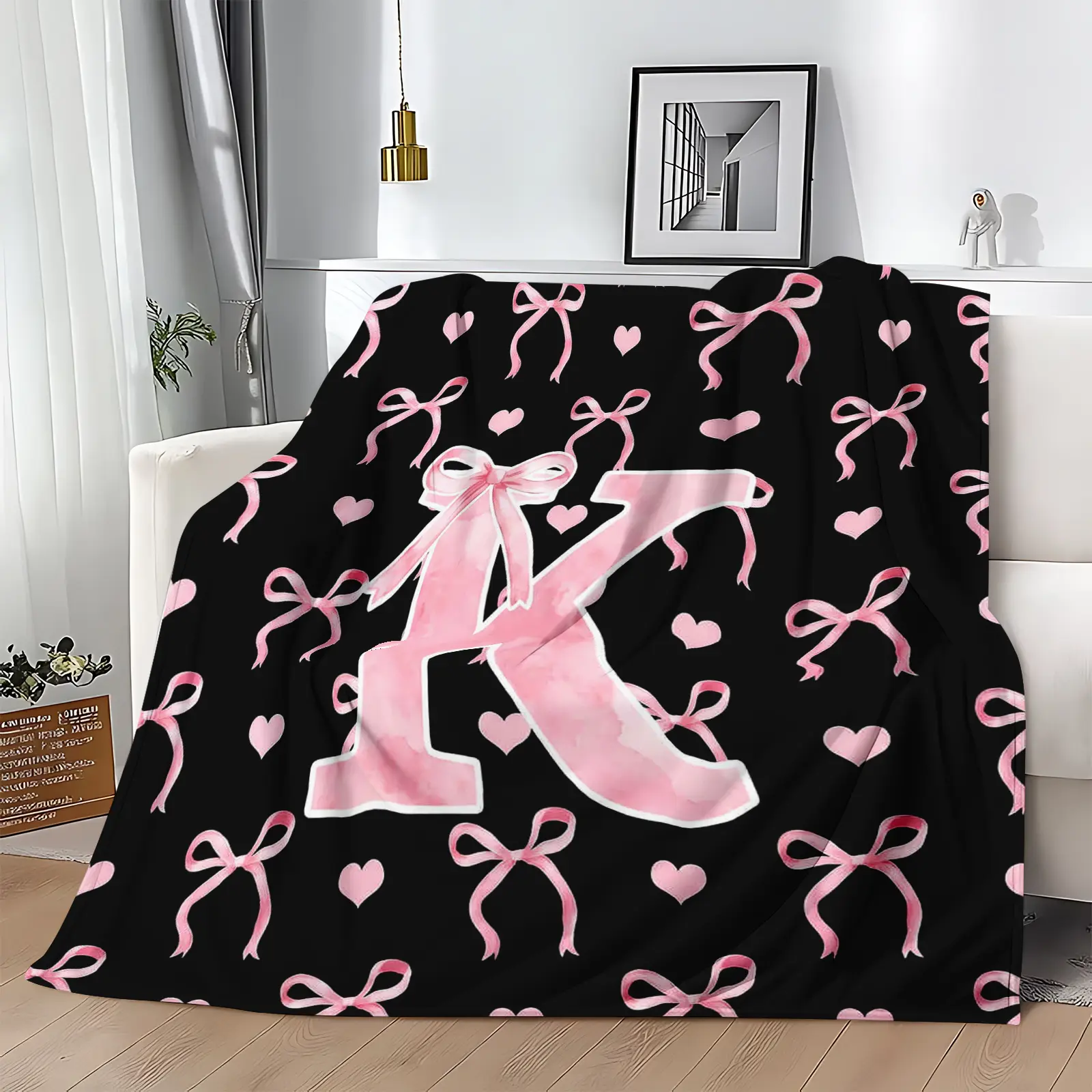 Classic Soft Flannel Throw Blanket - A-Z Initial Alphabet Print, 30x40 to 60x80 in, Black Blush Pink Design, Custom Monogrammed, Soft Texture, Durable All-Season Bedding for Bedroom, Gifts for Women, GF Gift