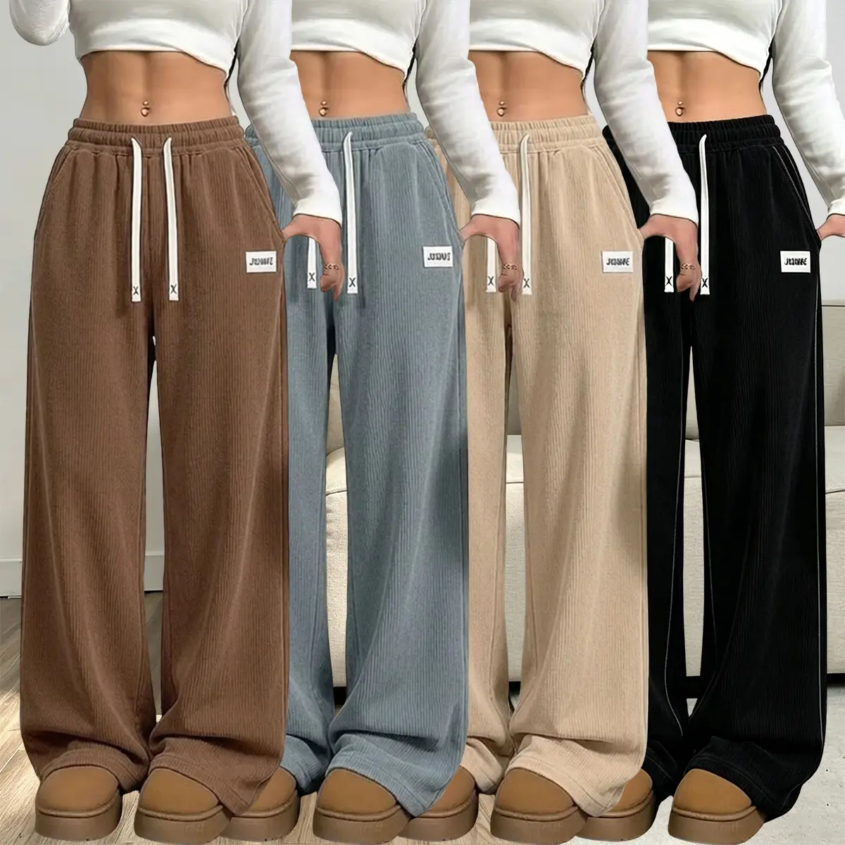 Women’s solid-color athletic sweatpants, 4-pack, drawstring waistband design with pockets, flannel fabric, suitable for work and school, versatile for everyday wear, women’s bottoms, womenswear, autumn/winter apparel, back-to-school outfits Breathable